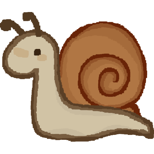 A pixelated style drawing of a simplistic snail, it's body is a off-cream color while it's shell has a swirl pattern and is a warmer orange-brown color